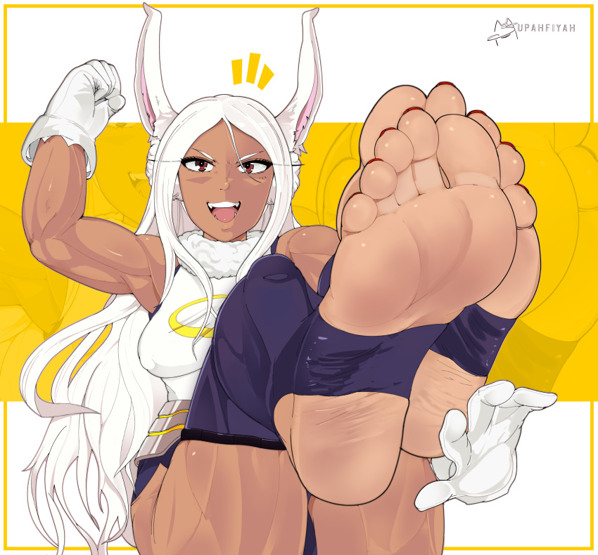 1girls arm_up armpits athletic clothed dark-skinned_female dark_skin feet female fit foot_fetish foot_focus gloves hi_res legs_up leotard long_hair looking_at_viewer miruko muscular my_hero_academia open_mouth pov rabbit_ears rumi_usagiyama smile solo stirrup_legwear supahfiyah thick_thighs thighhighs thighs toeless_legwear white_hair