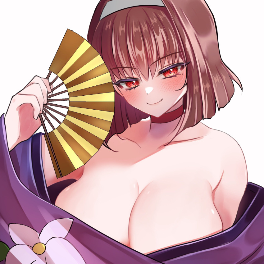 1girls big_breasts blush breasts brown_eyes brown_hair busty cleavage female female_only hairbow japanese_clothes kanzaki_sumire large_breasts looking_at_viewer sakura_wars seductive seductive_smile sega short_hair smile solo voluptuous