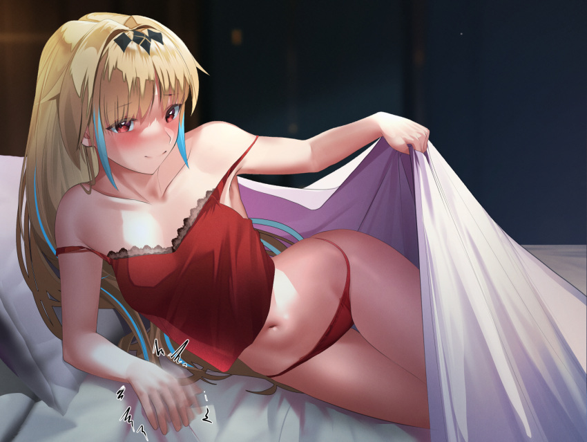 blonde_hair endou_lily hair_down heroine long_hair lying_on_bed red_eyes red_panties sedai_one seductive virtual_youtuber vtuber