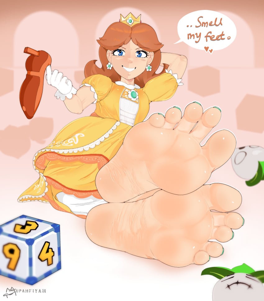 1girls arms_up barefoot blue_eyes brown_hair crown dice dress earrings english_text feet female female_only femdom foot_fetish foot_focus gloves heels hi_res holding_footwear laying_down looking_at_viewer mario_(series) mario_party nail_polish nintendo pov princess princess_daisy shoes smile soles speech_bubble supahfiyah super_smash_bros. teasing text toes tomboy turnip