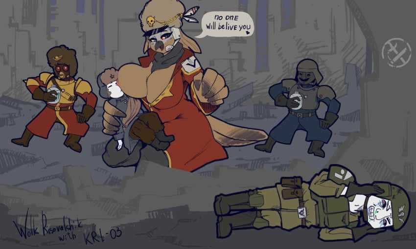 1girls 4boys angry anthro astra_militarum avian big_breasts breast_sucking dancing devil_may_cry dialogue english_text female_anthro guardsman_(warhammer_40k) guardswoman_(warhammer_40k) human human_on_anthro humor imperial_guard imperium_of_man karakylia larger_female male_human male_human/female_anthro meme mommy_kink size_difference smaller_male speech_bubble text vostroyan_firstborn warhammer_(franchise) warhammer_40k wojak