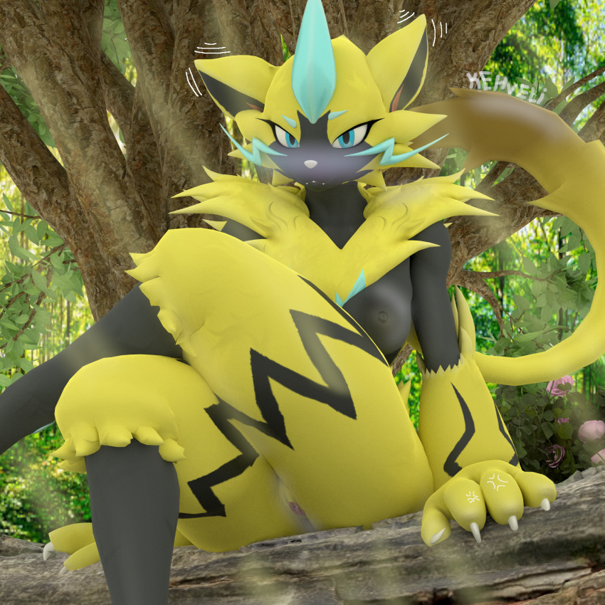 3d_(artwork) anthro blue_eyes breasts crossed_legs digital_media_(artwork) felid feline female fur generation_7_pokemon genitals hi_res kehveli legendary_pokemon long_tail mammal nintendo plant pokemon pokemon_(species) pussy shy sitting solo tail tree yellow_body yellow_fur zeraora