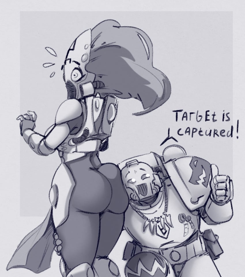 1girls adeptus_astartes aeldari armor dialogue eldar english_text female howling_banshee huge_ass humor imperium_of_man karakylia purity_seal space_marine space_wolves speech_bubble text thumbs_up warhammer_(franchise) warhammer_40k