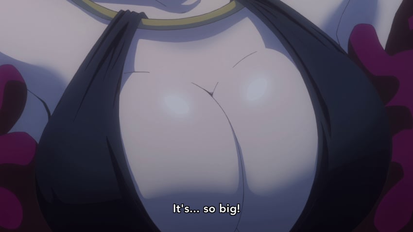 1girls artist_request black_dress breast_focus breasts carina_(one_piece) cleavage dress english_text female female_only large_breasts one_piece one_piece_film_gold screencap screenshot seductive solo teasing text