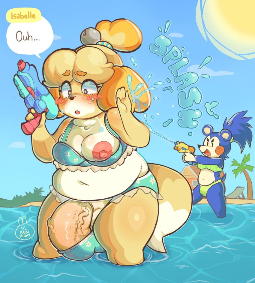 1futa 1girls animal_crossing anthro bbw beach blush bulge chubby chubby_female cleavage furry futanari huge_cock isabelle_(animal_crossing) lilbunpinky mabel_able nintendo ocean one_breast_out slightly_chubby swimsuit watergun