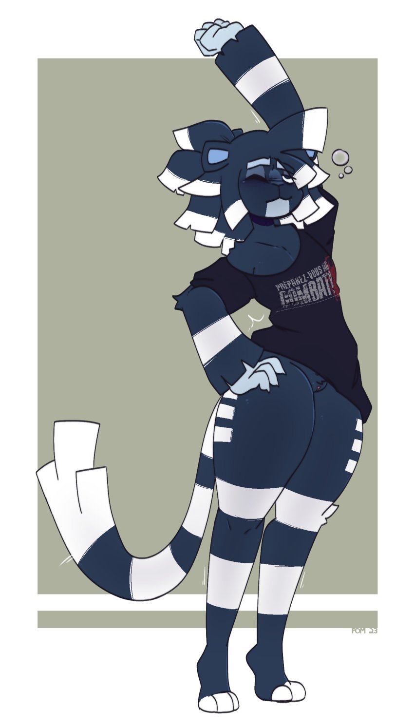 anthro blue_body blue_fur charthur_(floraverse) collarbone female floraverse fur fur_tuft genitals hands_on_hips hi_res oversized_shirt pantsless pomegraniter pussy solo stretching tippy_toes tired tuft turf_tiger webcomic