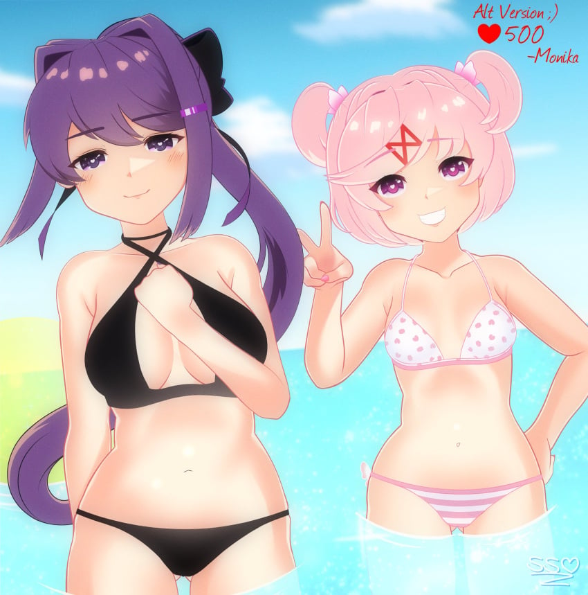 2girls 5_fingers bikini bikini_bottom bikini_top black_background black_bikini_bottom black_bikini_top blush breasts doki_doki_literature_club female female_only heart-shaped_pupils heart_icon long_hair multiple_girls natsuki_(doki_doki_literature_club) pink_eyes pink_hair purple_eyes purple_hair scribblyatnight scribblysuki smile teeth water yuri_(doki_doki_literature_club)