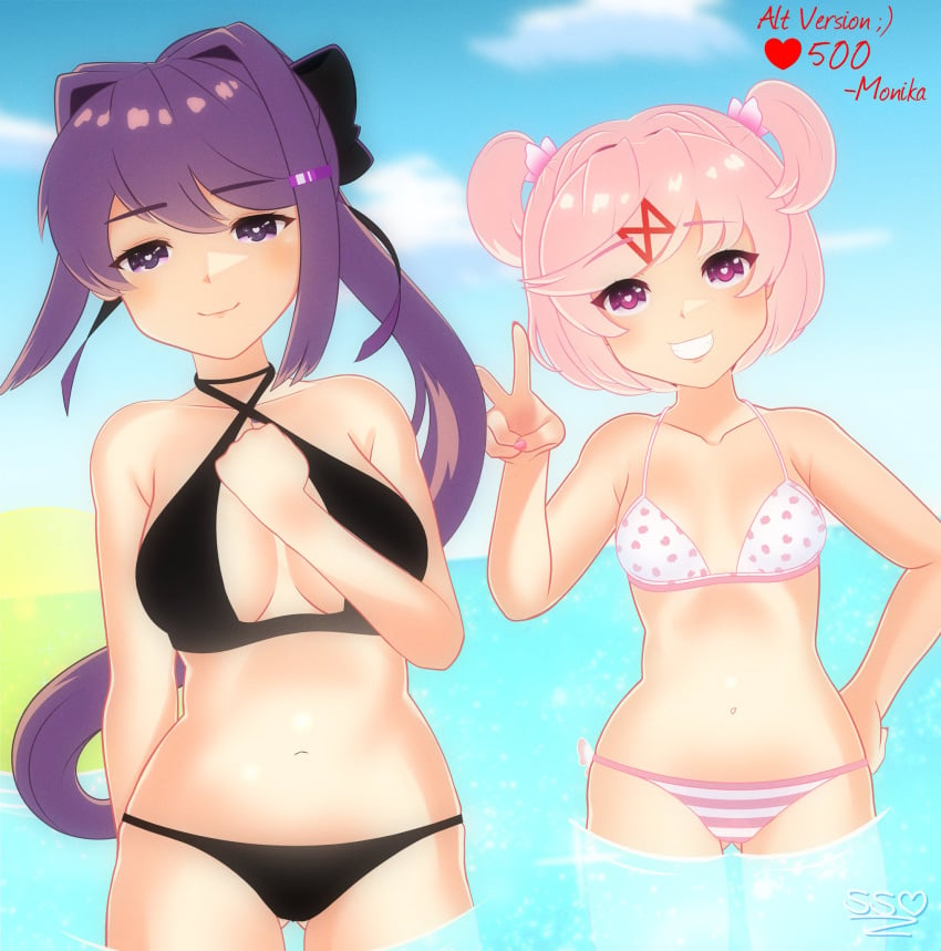 2girls 5_fingers bikini bikini_bottom bikini_top black_background black_bikini_bottom black_bikini_top blush breasts doki_doki_literature_club female female_only heart-shaped_pupils heart_icon long_hair multiple_girls natsuki_(doki_doki_literature_club) pink_eyes pink_hair purple_eyes purple_hair scribblyatnight scribblysuki smile teeth water yuri_(doki_doki_literature_club)