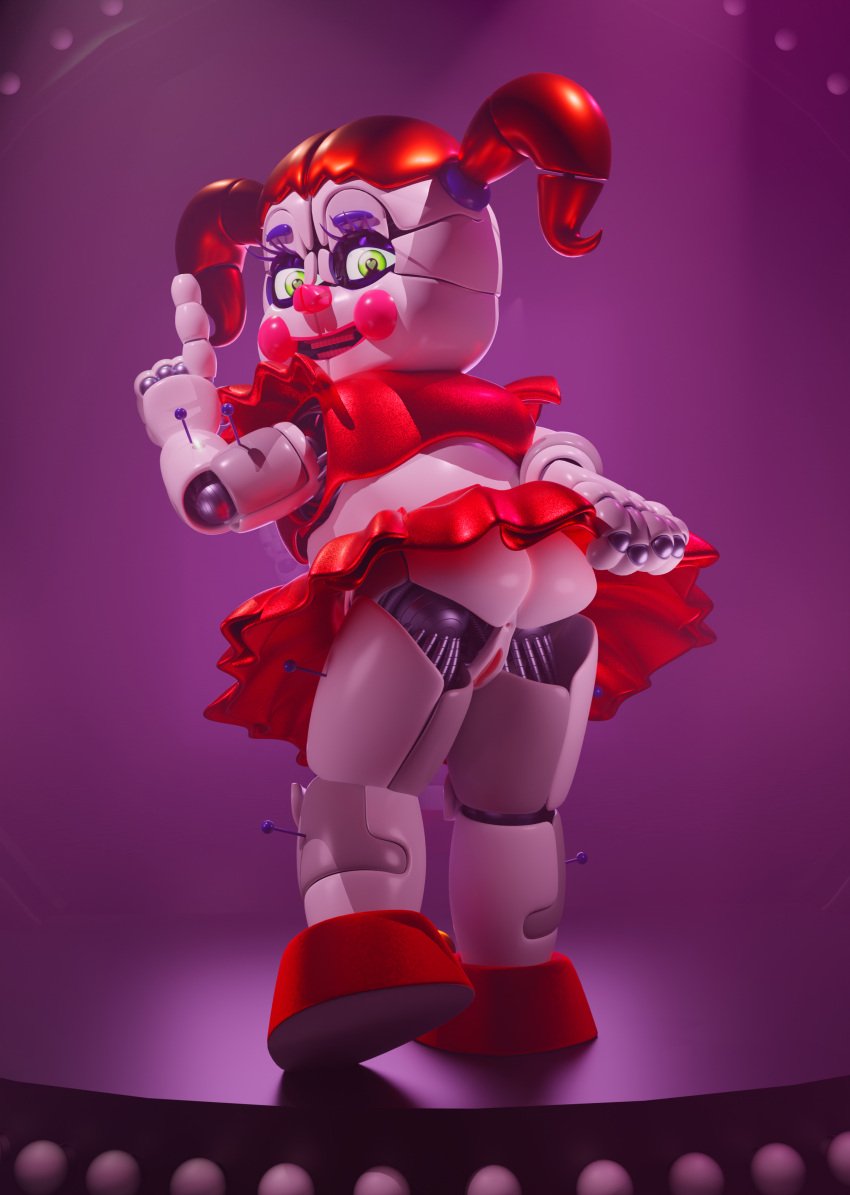 3d 3d_(artwork) anus ass asshole baby_(fnafsl) blender blender_(software) circus_baby circus_baby_(fnaf) circus_baby_(original) female female_only five_nights_at_freddy's five_nights_at_freddy's:_sister_location flashing flashing_pussy footwear full_color green_eyes hi_res looking_at_viewer m0nk3y no_penetration orange_hair pussy robot robot_girl scottgames sister_location skirt_lift solo solo_female vagina white_body zxxxarts