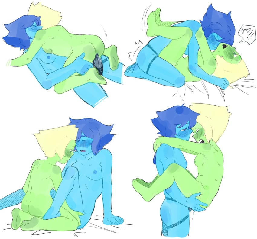 bent_over blonde_hair blue_hair blue_skin blush clenched_teeth green_skin gyger_been lapis_lazuli_(steven_universe) lying_on_stomach nude peridot_(steven_universe) sex_toy sketch small_breasts smaller_dominant steven_universe strap-on taken_from_behind white_background yuri