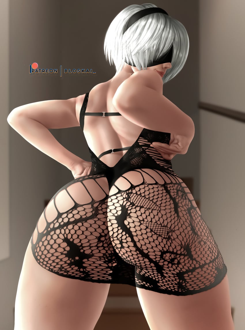 1girls android ass ass_focus ass_visible_through_thighs blindfold bloskai bubble_butt dress fishnets grabbing grabbing_from_behind grey_hair hi_res highres huge_ass large_ass nier:_automata nier_(series) posing yorha_2b