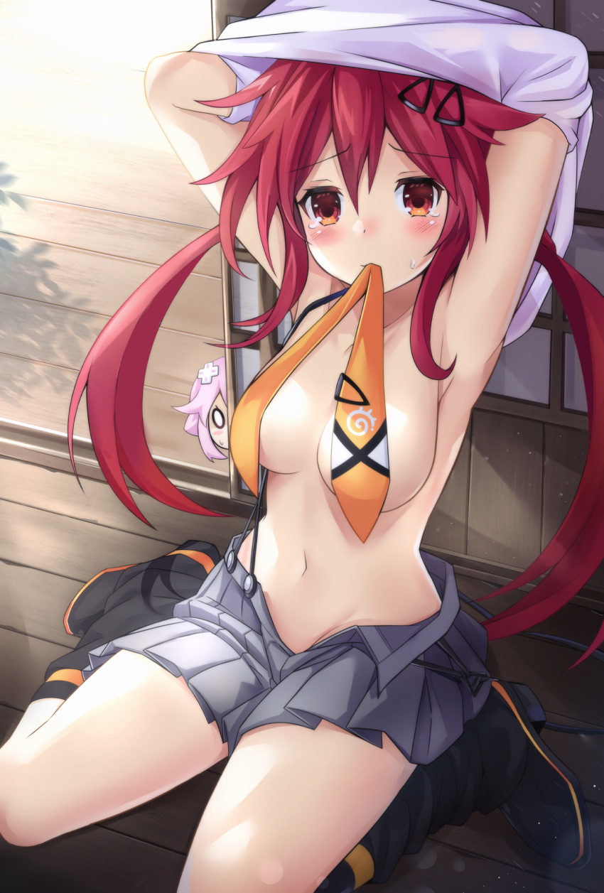 armpit arms_behind_head arms_up bare_midriff blush breasts giga-tera hairclip legs_apart light-skinned_female looking_at_viewer neptunia_(series) object_in_mouth orange_eyes partially_clothed red_hair sitting skirt solo tie twintails undressing uzume_tennouboshi