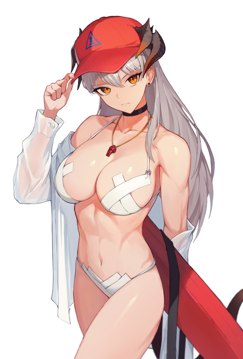 1girls alternate_costume alternate_version_available arknights bare_shoulders baseball_cap bikini black_choker breasts choker cleavage closed_mouth collarbone cowboy_shot dragon_horns earrings hand_on_headwear hat highres horns innertube jason_kim jasonkim jewelry large_breasts long_hair long_sleeves looking_at_viewer navel open_clothes open_shirt orange_eyes pointy_chin red_headwear saria_(arknights) shirt silver_hair simple_background solo stomach stud_earrings swimsuit tagme toned very_long_hair whistle whistle_around_neck white_background white_bikini white_shirt