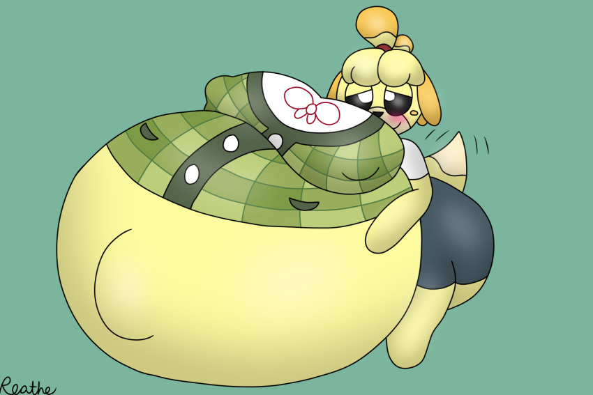 animal_crossing aroused ass belly big_belly big_breasts big_butt blue_clothing blush breasts clothing female green_clothing hand_on_stomach huge_breasts huge_butt hyper hyper_belly hyper_navel hyper_outie hyper_pregnancy isabelle_(animal_crossing) nintendo nipple_outline pregnant reathe simple_background solo tail tail_motion tailwag tight_clothing yellow_body