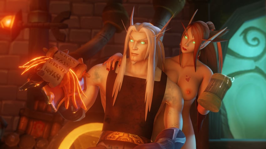 1boy 1girls 3d big_breasts blizzard_entertainment blonde_hair blood_elf green_eyes interspecies kalec_sunwhisper kissy_(warcraft) light-skinned_male light_skin mystmantle original_character red_hair silvermoon_symbol silvermoon_tattoo tattoo warcraft world_of_warcraft