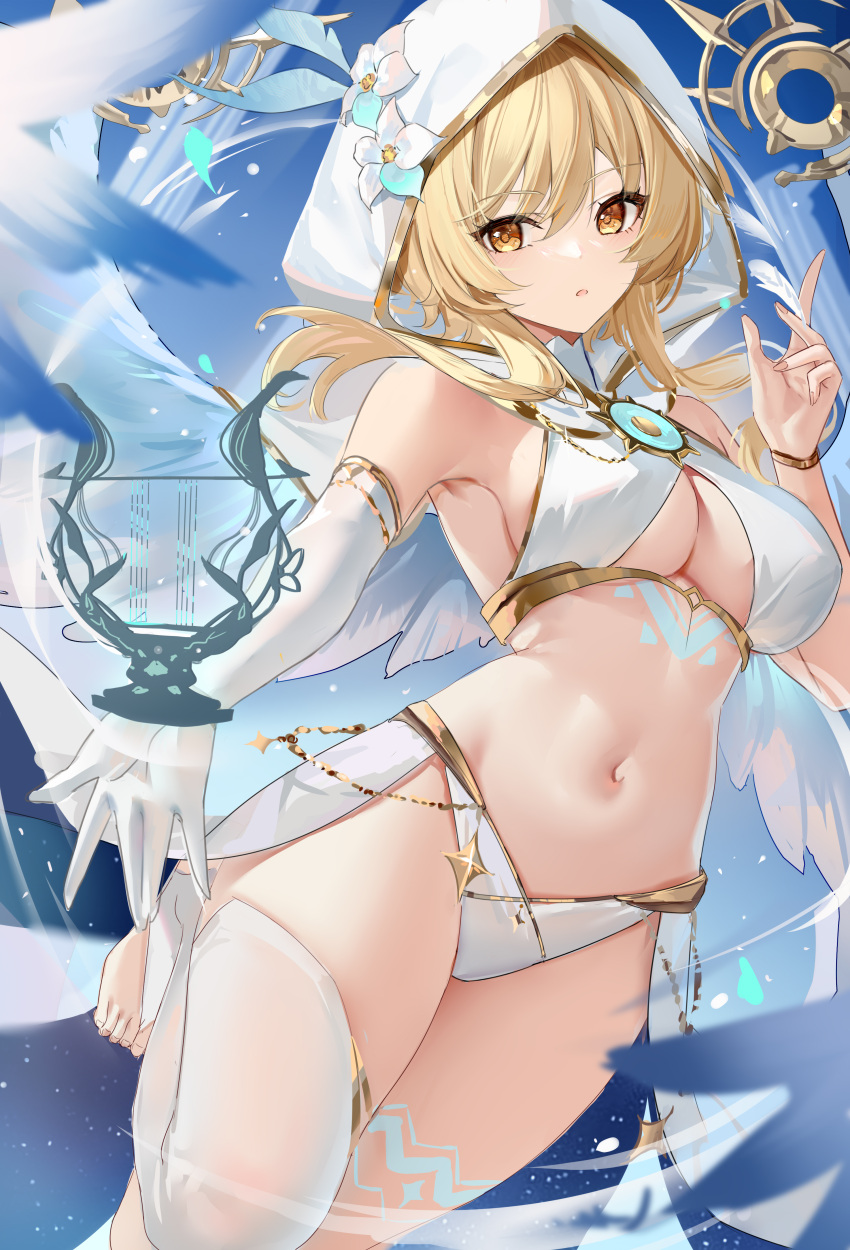 1girls 5_fingers 5_toes barefoot blonde_hair breasts cleavage cosplay female female_only genshin_impact loki1998 lumine_(genshin_impact) medium_breasts navel thick_thighs thighs venti_(genshin_impact)_(cosplay) voluptuous