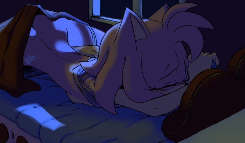 ambient_lighting amy_rose anthro ass_up bed bedroom clothed clothing clothing_lift eulipotyphlan female fur furniture grabbing_sheets hedgehog hi_res humanoid lying mammal masturbation night on_front open_window partially_clothed pillow pink_body pink_fur sapphicwetpanties sega shirt shirt_lift solo sonic_(series) sonic_the_hedgehog_(series) spread_legs spreading topwear under_blanket