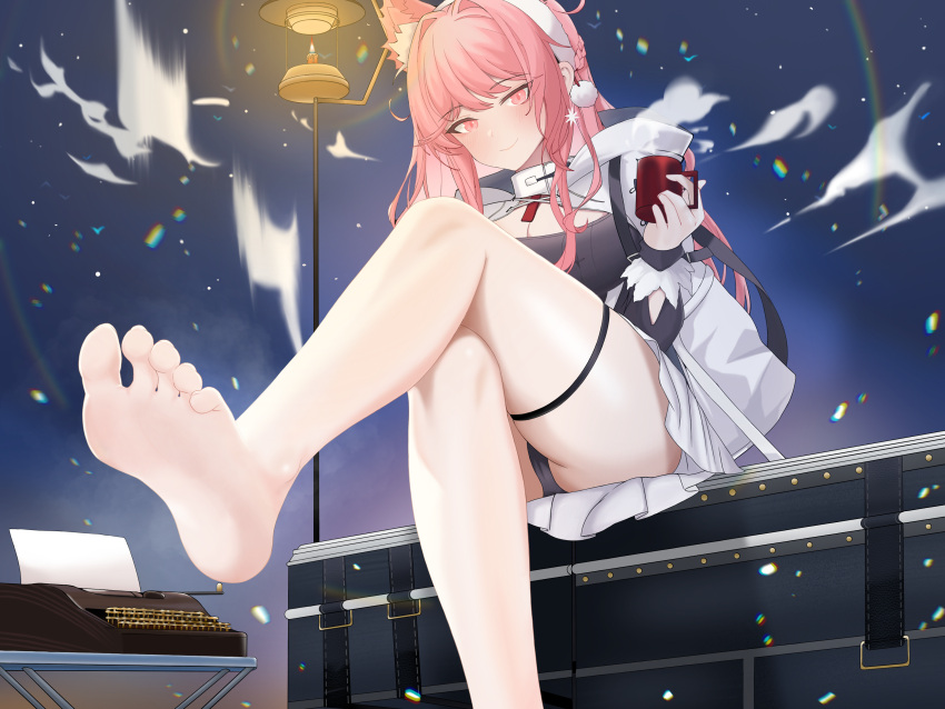 1girls 2023 :) animal_ear_fluff animal_ears arknights artist_request barefoot black_panties blush cute extra_ears feet female_only foot_fetish hi_res holding_mug holding_object hot_drink legs_together light-skinned_female light_skin looking_at_viewer mug outside panties pink_eyes pink_hair pozyomka_(arknights) pozyomka_(snowy_plains_in_words)_(arknights) seductive seductive_eyes seductive_gaze seductive_look seductive_pose seductive_smile sitting smile snowing solo toes typewriter visible_underwear wolf_ears wolf_girl