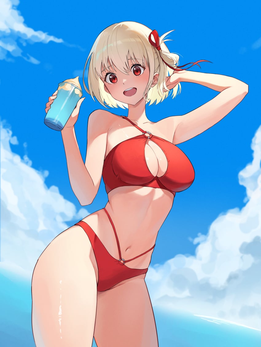 1girls arm_up armpit_crease bare_shoulders bikini blonde_hair blue_sky blush bottle breasts cleavage cloud contrapposto cowboy_shot day hair_ribbon highres holding holding_bottle jason_kim jasonkim lycoris_recoil medium_breasts multi-strapped_bikini navel nishikigi_chisato o-ring o-ring_bikini one_side_up open_mouth outdoors pointy_chin red_bikini red_eyes red_ribbon ribbon shiny_skin short_hair sidelocks sky smile solo stomach swimsuit teeth thighs upper_teeth_only water water_bottle