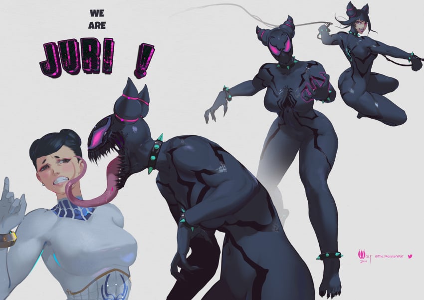 2023 2girls artist_name big_breasts capcom chun-li curves curvy curvy_body curvy_female female female_only hair_buns juri_han korean korean_female licking long_tongue marvel she-venom spider-verse street_fighter symbiote tagme technically_clothed the_monsterwolf tongue venomized white_background