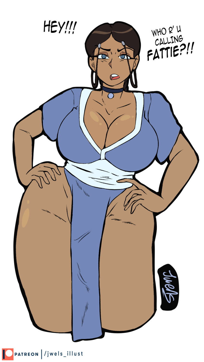 1girls alternate_breast_size angry avatar_legends avatar_the_last_airbender barely_clothed big_ass big_breasts blue_eyes boob_window breasts child_bearing_hips cleavage clothed dark-skinned_female dark_skin english_text female female_only hands_on_hips inuit inuit_female jwels katara large_breasts looking_at_viewer no_bra no_underwear sideass simple_background solo solo_female talking_to_viewer text useless_clothing water_tribe white_background