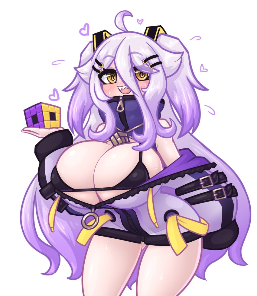 1girls @_@ alternate_breast_size big_breasts black_bra blush female henya_the_genius huge_breasts light-skinned_female limebreaker long_hair rubik's_cube sharp_teeth solo violet_hair virtual_youtuber vshojo white_background yellow_eyes