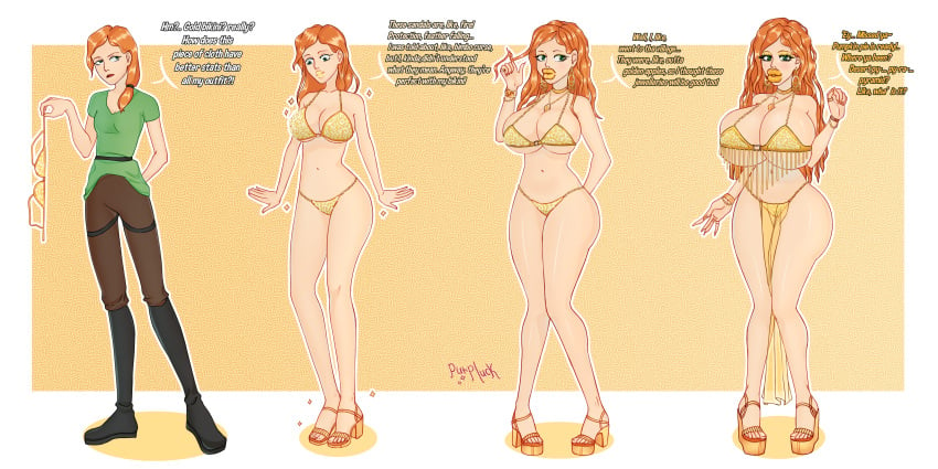 alex_(minecraft) ass_expansion bikini bimbo bimbofication brainwashing breast_expansion female girls_reacting_to_bikini_(meme) gold_bikini hair_color_change hair_growth harem_outfit high_heels huge_ass huge_breasts identity_death lip_expansion minecraft pelvic_curtain purpluck slave_bikini thick_lips thick_thighs thigh_expansion transformation transformation_sequence wide_hips