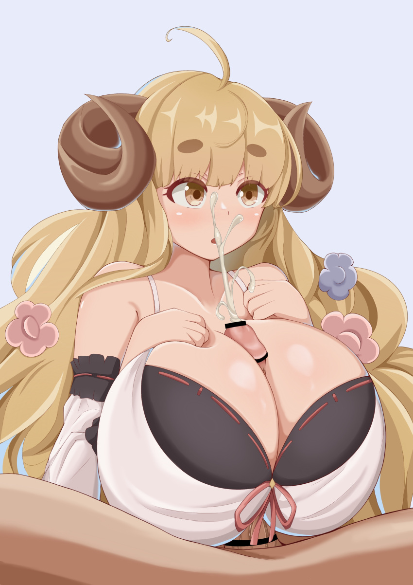 1boy 1girls anila_(granblue_fantasy) breasts_bigger_than_head clothed_paizuri cum cumshot ejaculation ejaculation_between_breasts granblue_fantasy horns huge_breasts land_wharf paizuri paizuri_under_clothes randowafu