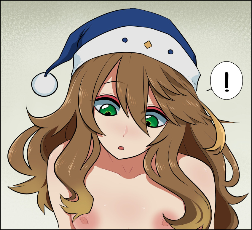 ! 1girls amicia_michella bare_breasts bare_shoulders breasts brown_hair exclamation_point flat_chest green_eyes hair_between_eyes hat hi_res highres looking_down nightcap nijisanji nijisanji_indonesia nude nude_female small_breasts solo solo_female solo_focus surprised the_other_gonzo upper_body virtual_youtuber wavy_hair