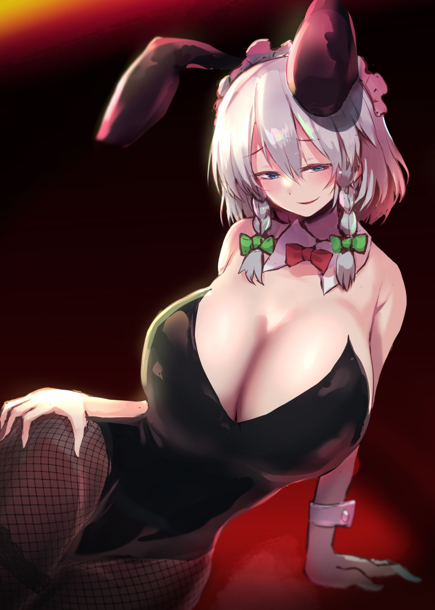 1girls absurdres alternate_breast_size animal_ears big_breasts blue_eyes blush bow bowtie braid breasts bunny_ears bunnysuit cleavage detached_collar female fishnet_pantyhose fishnets gomeifuku highres huge_breasts izayoi_sakuya leotard maid_headdress pantyhose playboy_bunny rabbit_ears sakuya_izayoi silver_hair simple_background smile smug solo solo_female solo_focus squeezing tagme touhou