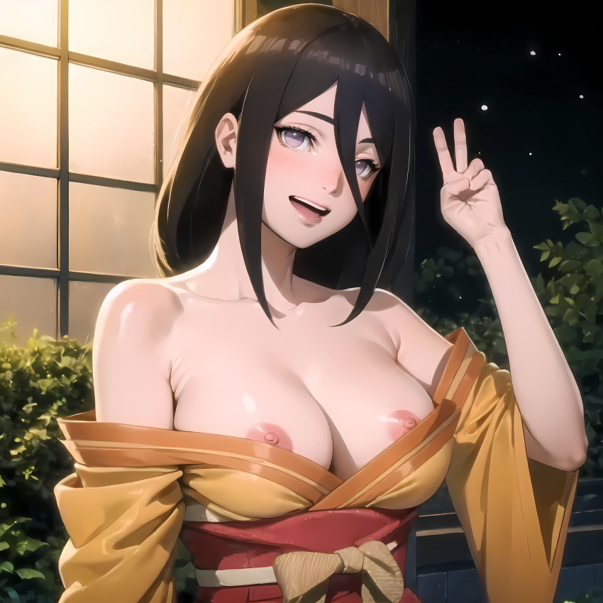 1girls ai_generated alyxra blush boruto:_naruto_next_generations breasts_out brown_hair female female_only hyuuga_hanabi jordan53 kimono kimono_down kimono_pull naruto naruto_(series) nipples open_clothes open_kimono solo solo_focus stable_diffusion violet_eyes