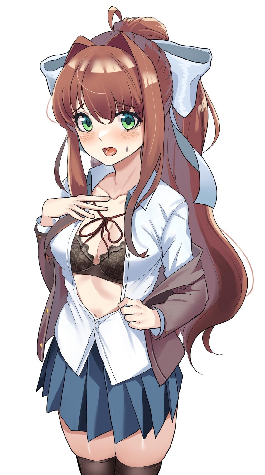 1girls black_bra blazer blush bra breasts cleavage doki_doki_literature_club female green_eyes hair_ribbon looking_at_viewer monika_(doki_doki_literature_club) no_background partially_clothed ponytail skirt solo sweat sweating unbuttoned_shirt undressing zd_(pixiv6210083)