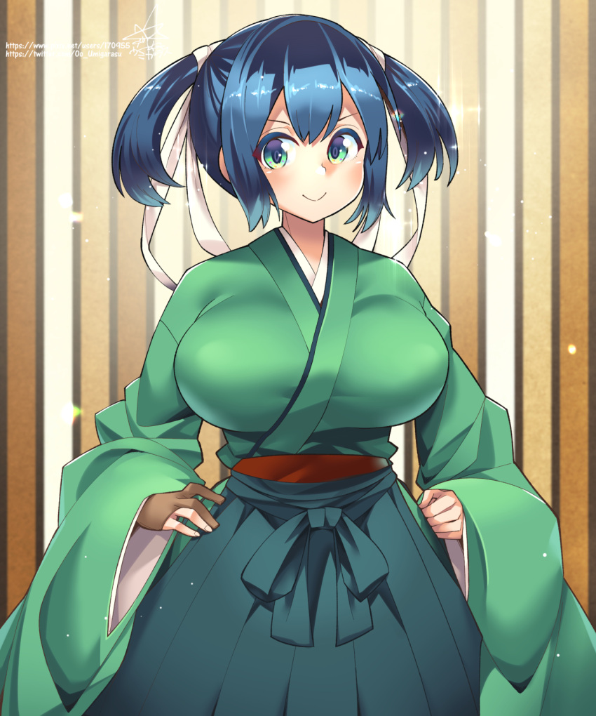 artist_name blue_eyes blue_hair blush breasts brown_gloves closed_mouth female gloves green_hakama green_kimono hair_between_eyes hakama highres japanese_clothes kantai_collection kimono large_breasts long_sleeves oo_umigarasu partially_fingerless_gloves partly_fingerless_gloves short_hair signature smile solo souryuu_(kantai_collection) twintails umigarasu_(kitsune1963) upper_body watermark web_address wide_sleeves yugake