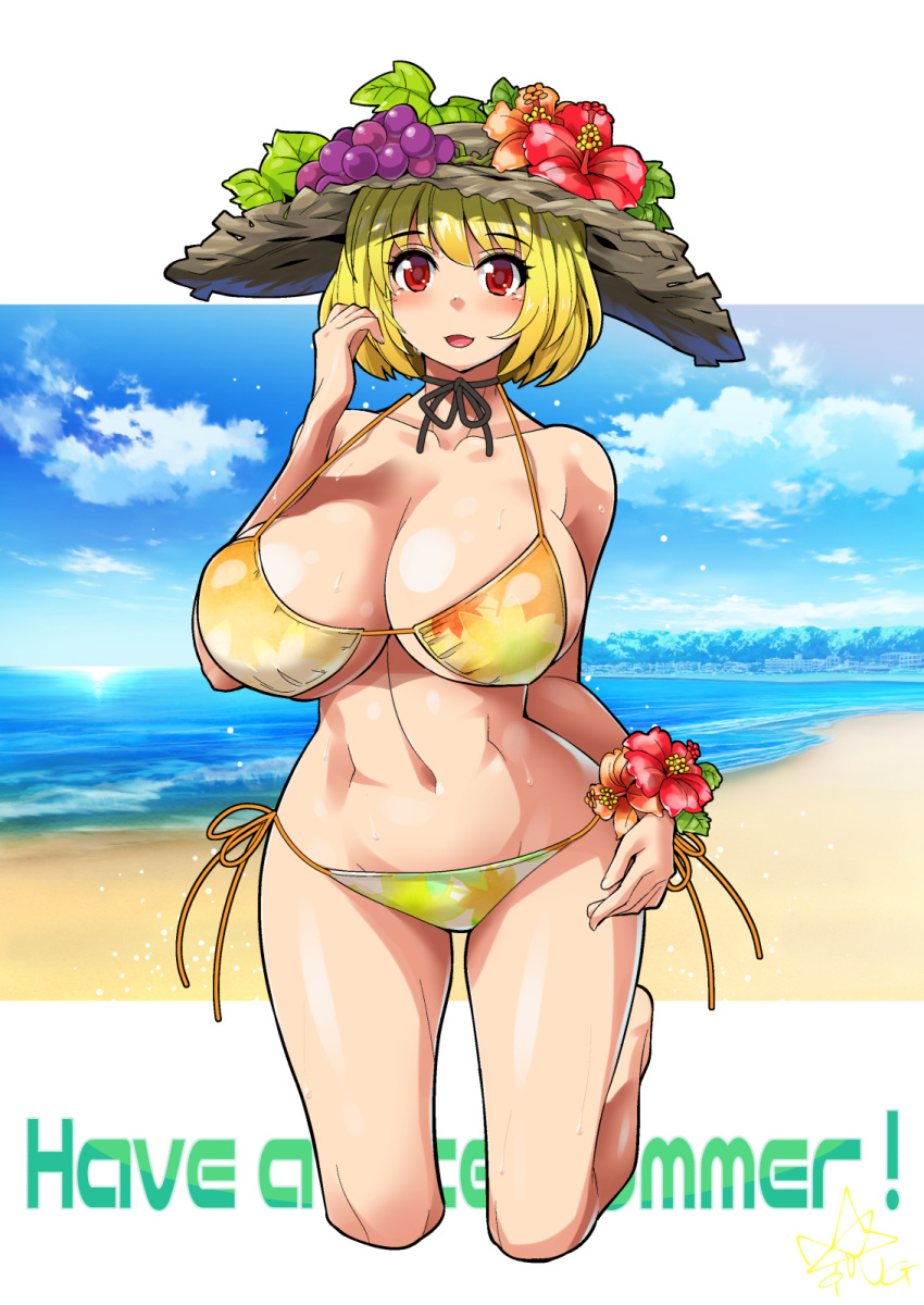 aki_minoriko alternate_headwear beach bikini blonde_hair blush bob_cut breasts cloud corsage curvy day english_text female flower food fruit full_body grapes groin hat hat_flower hibiscus highres huge_breasts kneeling minoriko_aki ocean oo_umigarasu red_eyes shiny_skin short_hair side-tie_bikini_bottom smile solo string_bikini sweat swimsuit touhou umigarasu_(kitsune1963) wide_hips