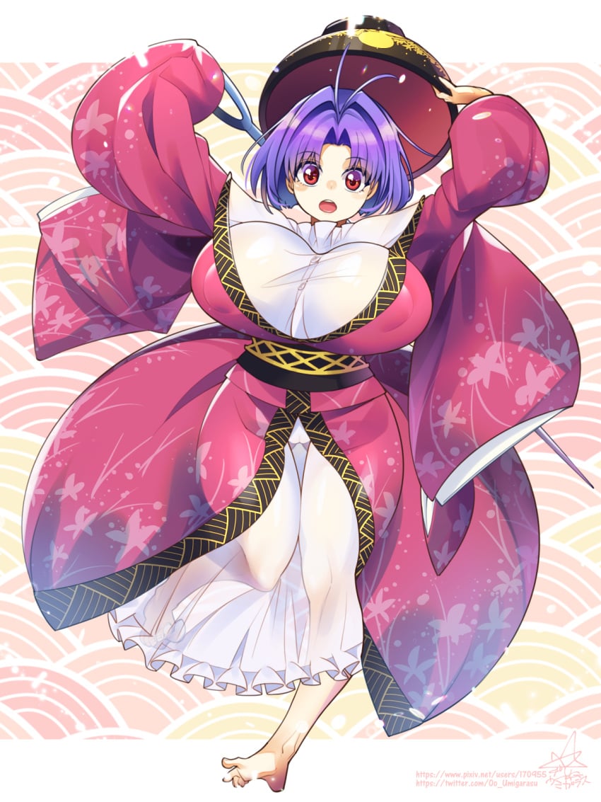 alternate_breast_size barefoot bowl breasts female highres huge_breasts japanese_clothes kimono needle oo_umigarasu open_mouth purple_hair red_eyes sukuna_shinmyoumaru touhou umigarasu_(kitsune1963) wide_sleeves