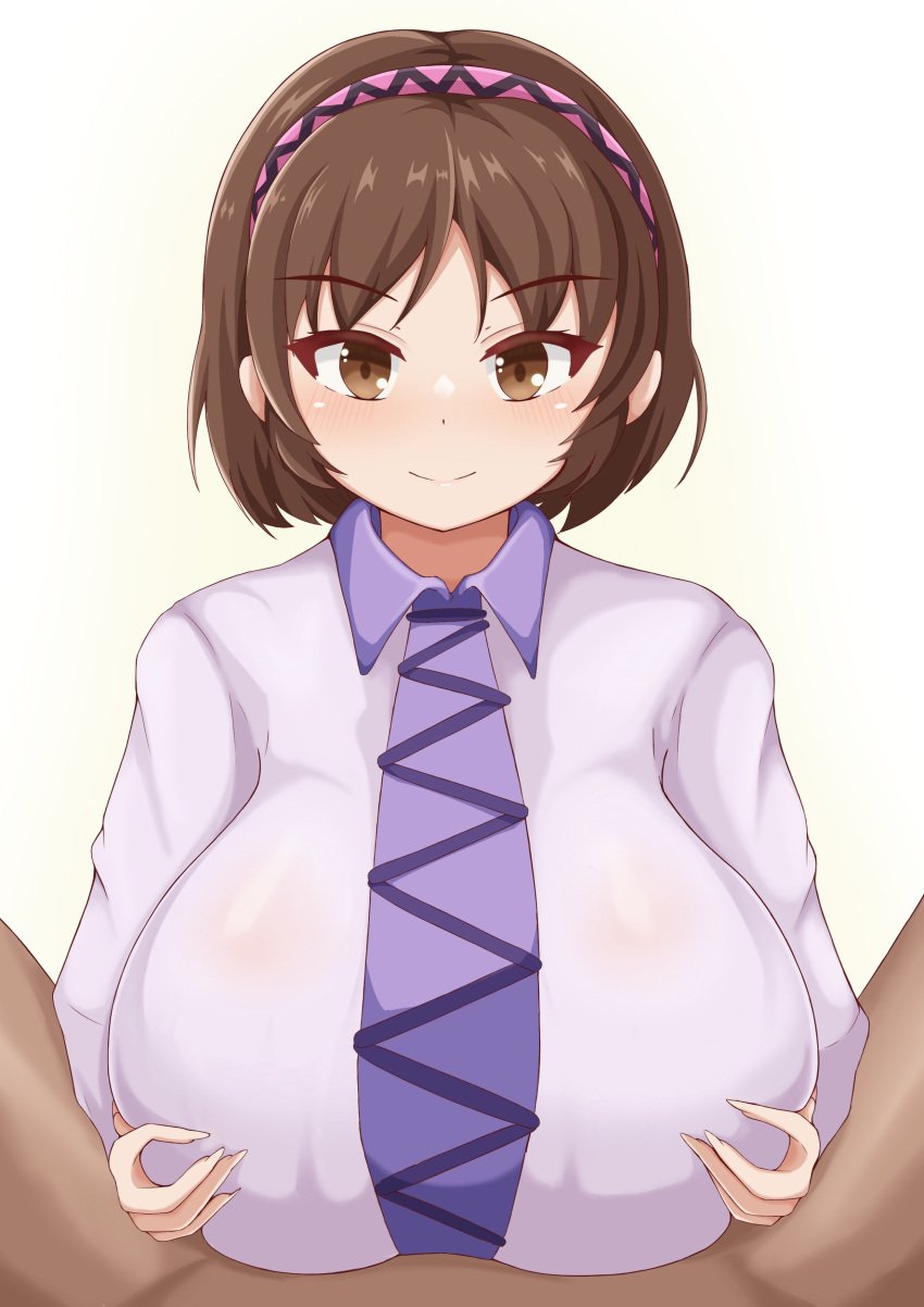 1boy 1girls brown_eyes brown_hair dark-skinned_male dark_skin huge_breasts land_wharf light-skinned_female light_skin looking_at_viewer male_pov paizuri paizuri_under_clothes pov randowafu touhou yatsuhashi_tsukumo