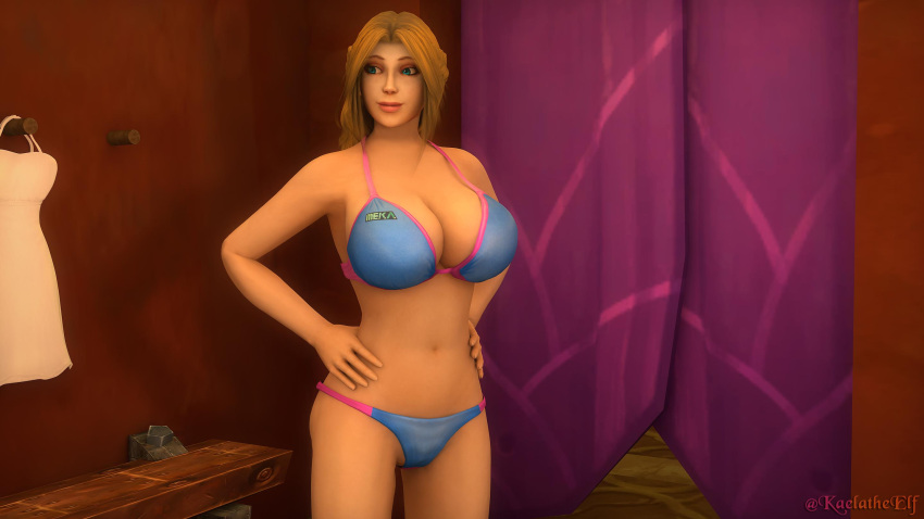 1girls 3d bikini blizzard_entertainment blonde_hair huge_breasts human human_(world_of_warcraft) jessie_darfield kaelatheelf light-skinned_female light_skin original_character solo warcraft world_of_warcraft