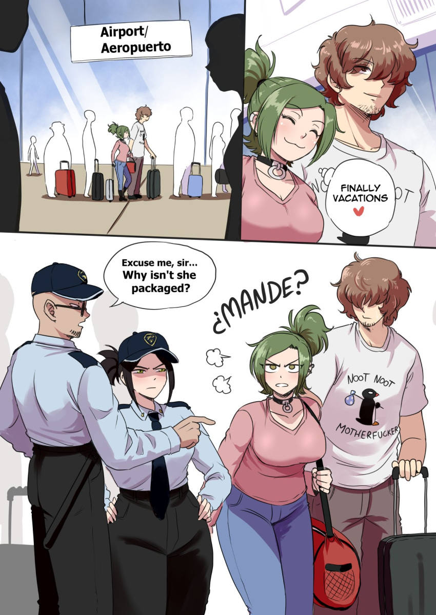 2boys 2girls ? airport airport_security angry blush castagno choker dialogue eye_visible_through_hair female green_eyes green_hair issa94 issa_castagno_(character) luggage male objectification security_guard smile text