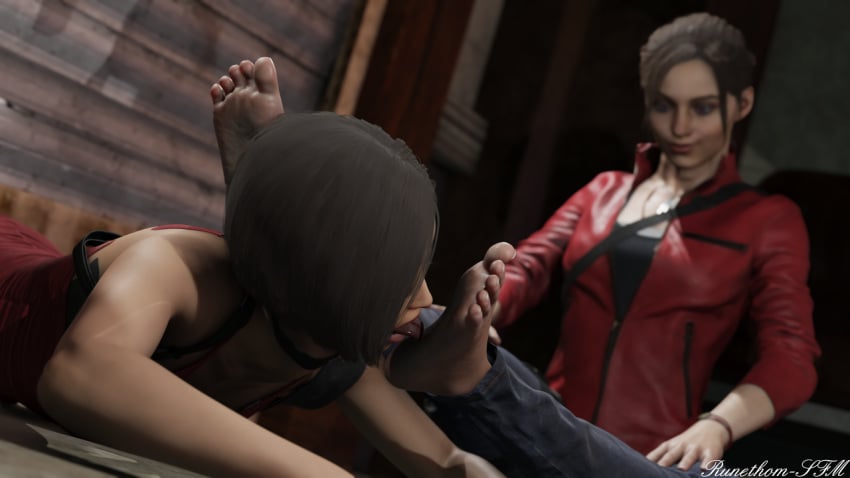 2girls 3d ada_wong barefoot blender claire_redfield claire_redfield_(jordan_mcewen) clothed clothing feet foot_domination foot_fetish foot_lick foot_worship resident_evil resident_evil_2 resident_evil_2_remake runethom-sfm soles stuck