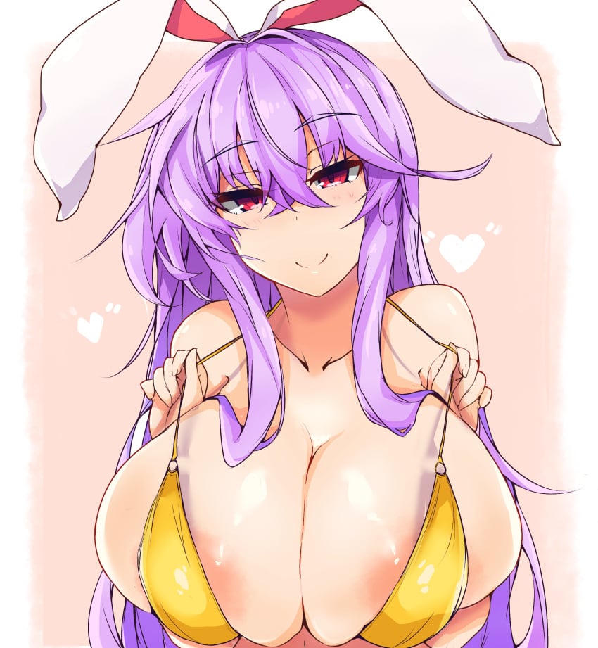 absurdres animal_ears areola_slip bare_shoulders belly bikini blush bra breasts cleavage collarbone female heart highres huge_breasts long_hair looking_at_viewer navel purple_hair rabbit_ears red_eyes reisen_udongein_inaba smile sprout_(33510539) swimsuit touhou underwear very_long_hair yellow_bikini yellow_bra