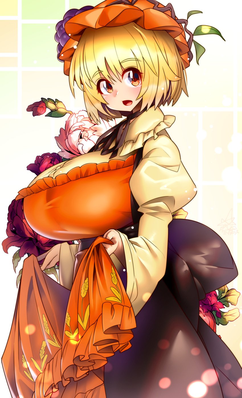 :o absurdres aki_minoriko apron apron_lift black_skirt blonde_hair breasts female flower food food-themed_hair_ornament frilled_shirt_collar frills fruit grape_hair_ornament grapes hair_ornament hat highres holding holding_clothes huge_breasts juliet_sleeves leaf_hair_ornament long_skirt long_sleeves looking_at_viewer medium_hair minoriko_aki oo_umigarasu open_mouth orange_apron patterned_background plant puffy_sleeves red_eyes red_headwear shirt short_hair simple_background skirt solo touhou umigarasu_(kitsune1963) yellow_background yellow_shirt