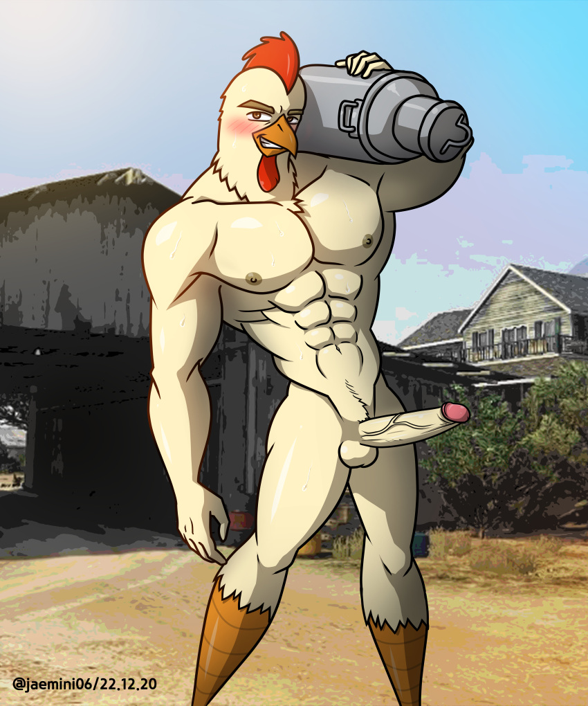 abs absurd_res alkan anthro avian balls big_pecs bird brown_eyes chicken erection farmer galliform gallus_(genus) genitals hair henry(character) hi_res humanoid_genitalia humanoid_penis male muscular muscular_anthro muscular_male navel nipples nude nude_anthro nude_male pecs penis phasianid red_hair solo yellow_body