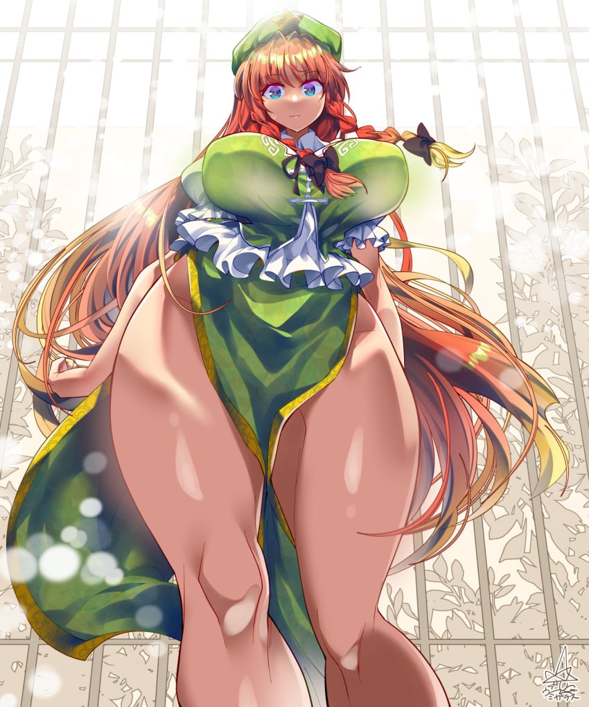 arms_at_sides bare_legs beret blue_eyes bow braid breasts china_dress chinese_clothes covered_erect_nipples day dress female frilled_shirt frilled_sleeves frills from_below gate green_dress hair_blowing hairbow hat hat_ornament highres hong_meiling impossible_clothes large_breasts light_particles long_hair looking_at_viewer looking_down oo_umigarasu puffy_short_sleeves puffy_sleeves red_hair ribbon shiny_skin shirt short_sleeves side_braid solo standing star_(symbol) star_hat_ornament thick_thighs thighs touhou twin_braids umigarasu_(kitsune1963) very_long_hair white_shirt