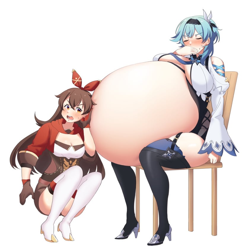 amber_(genshin_impact) baron_bunny_(genshin_impact) big_belly blue_hair brown_hair dragonwing29876 eula_(genshin_impact) genshin_impact overeating overweight overweight_female