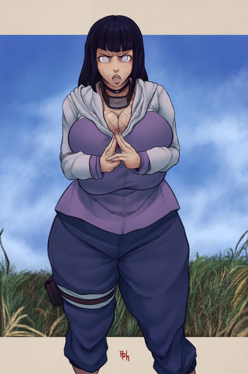 1girls 2d aphrodos big_breasts black_hair cleavage clothing eyebrows eyelashes female female_only full_color fully_clothed huge_breasts hyuuga_hinata large_breasts light-skinned_female light_skin looking_at_viewer naruto naruto_shippuden no_penetration purple_eyes solo solo_female solo_focus teenage_girl teenager thick_thighs thighs wide_hips