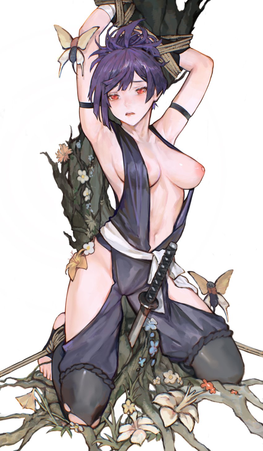 1girls armband armpits arms_up bondage cameltoe clothing_cutout female flower full_body hip_vent insects iuui japanese_clothes jigokuraku katana kunoichi light-skinned_female medium_breasts ninja nipple_slip nipples no_bra no_shoes obi one_breast_out ponytail purple_hair red_eyes restrained revealing_clothes robe sideboob solo stirrup_legwear sword tears thighs tied_up toeless_legwear toes torn_clothes weapon westking yuzuriha_(jigokuraku)