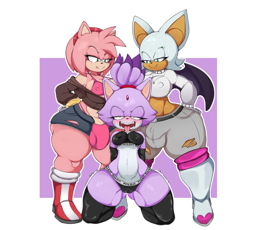 2futas 3girls amy_rose anthro biped blaze_the_cat blush bodily_fluids bulge chaos_nsfw female female_only futanari group gynomorph hi_res ichi_nsfw intersex intersex/female looking_pleasured nipple_outline penis_under_clothes rouge_the_bat sega sonic_(series) sonic_the_hedgehog_(series) sweat trio