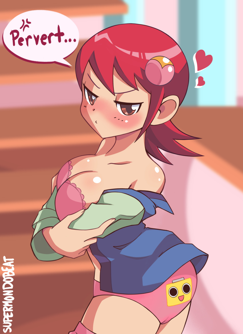 2023 ass back-print_panties big_breasts black_eyes blush bra breasts brown_eyes capcom caught_undressing cleavage dialogue dialogue_bubble female female_focus female_only hair_clip heart hearts hi_res highres large_breasts looking_at_viewer mayl_sakurai mega_man mega_man_battle_network mega_man_nt_warrior panties peeking pervert pink_bra pink_panties pink_underwear print_panties red_hair room servbot smile solo solo_female stairs supermondobeat underwear undressing