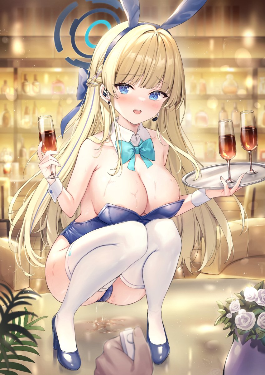 alcohol animal_ears areola_slip bare_shoulders blonde_hair blue_archive blue_eyes blue_hairband blue_leotard blush bow bowtie braid breasts controller cup detached_collar drinking_glass earpiece egg_vibrator fake_animal_ears female flower gemini_(feng) hairband halo high_heels highres holding holding_cup holding_tray large_breasts leotard long_hair looking_at_viewer multicolored_hair official_alternate_costume open_mouth playboy_bunny pov pov_hands pussy_juice pussy_juice_trail rabbit_ears remote_control remote_control_vibrator sex_toy squatting strapless strapless_leotard streaked_hair sweat thighhighs toki_(blue_archive) toki_(bunny)_(blue_archive) tray very_long_hair vibrator white_thighhighs white_wrist_cuffs wine wine_glass wrist_cuffs