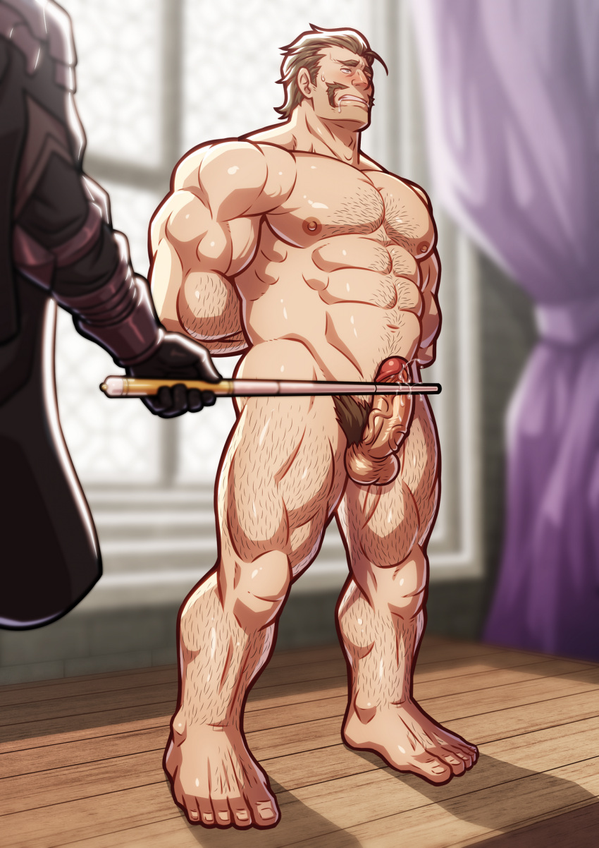 alois_rangeld balls bara blush boner byleth_(fire_emblem) byleth_(fire_emblem)_(male) erection facial_hair fire_emblem fire_emblem:_three_houses hands_behind_back male male_only muscles muscular nintendo nude penis precum solo_focus standing zelo-lee